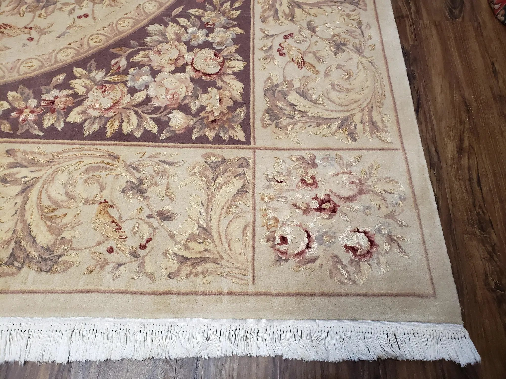 Chinese Aubusson Savonnerie Area Rug 8x12, Vintage 120 Line Carpet, Wool and Silk Hand-Knotted, Birds Flowers Master Weaver Signature by Jewel Rugs