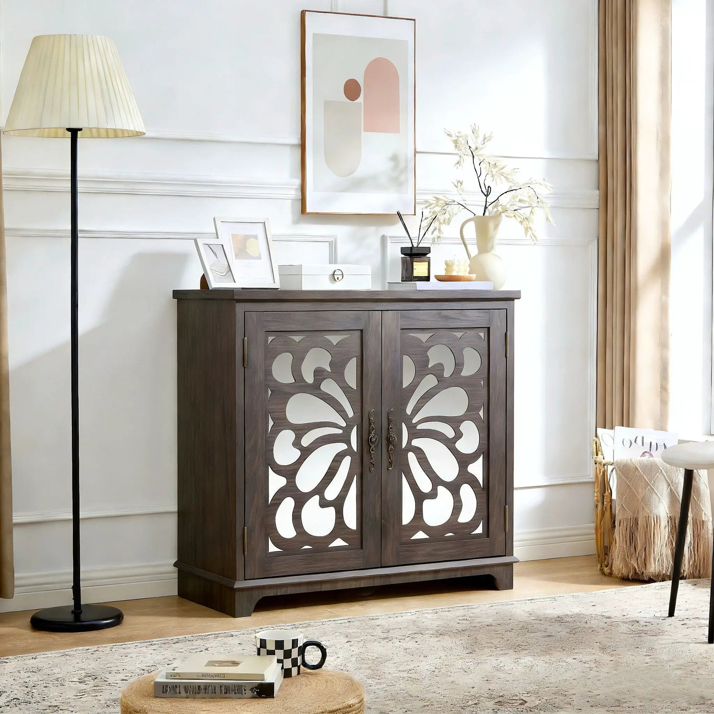 Elegant Sideboard With 2 Acrylic Mirrored Doors, Adjustable Shelf Storage by HouseOfZazla