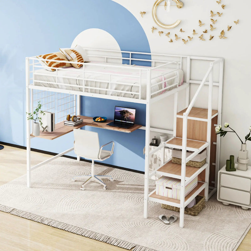 Loft Bed With Desk And Grid, Stylish Frame With Lateral Storage Ladder And Wardrobe by HouseOfZazla