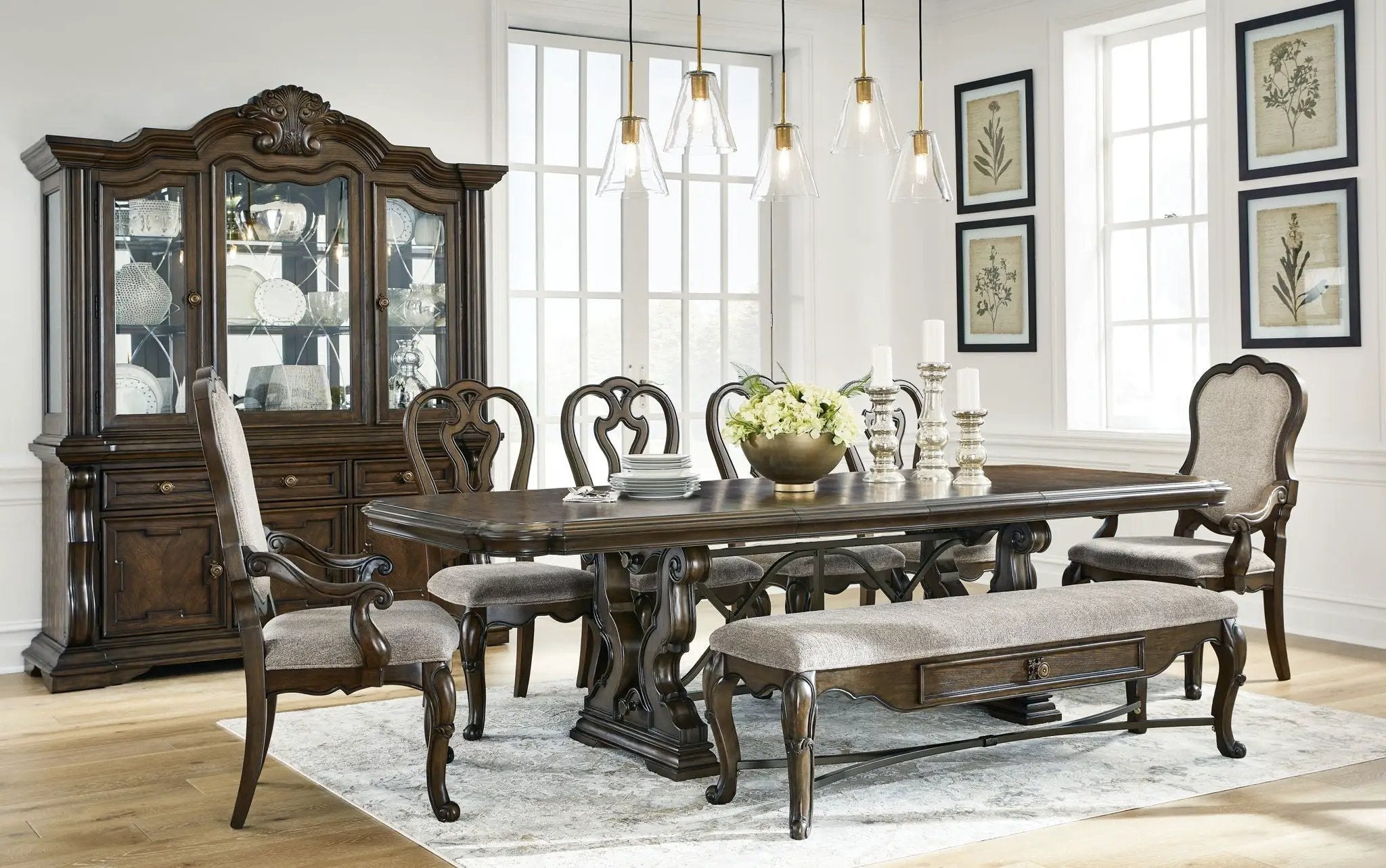 Maylee - 11 Pc. - Dining Extension Table, 4 Side Chairs, 2 Arm Chairs, Storage Bench, Buffet And Hutch - Dark Brown by Unique Piece Furniture