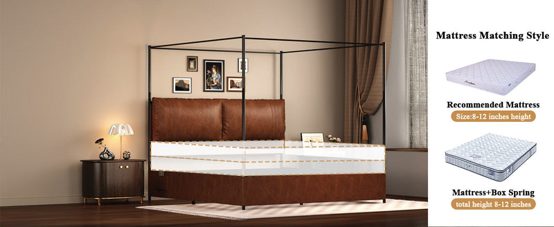 Queen Canopy Bed Frame with Four Poster Metal Design - Rustic Faux Leather, photo 7 of 10