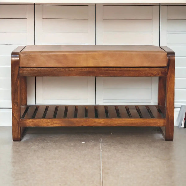 Solid Wood Small Buffalo Slatted Bench, Leather Upholstered, Open Storage