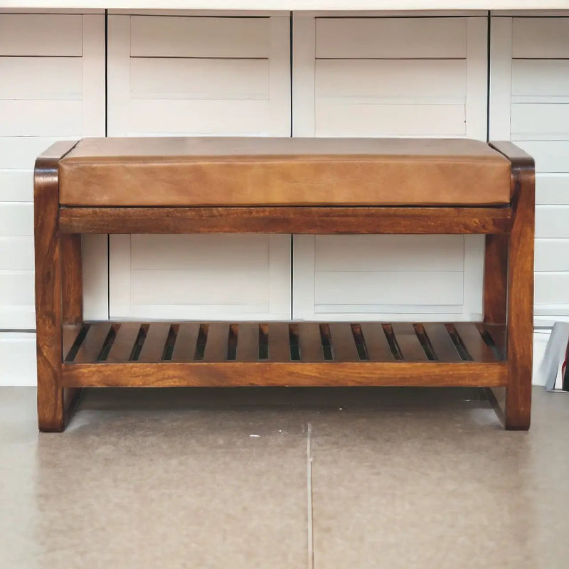 Solid Wood Small Buffalo Slatted Bench, Leather Upholstered, Open Storage by HouseOfZazla