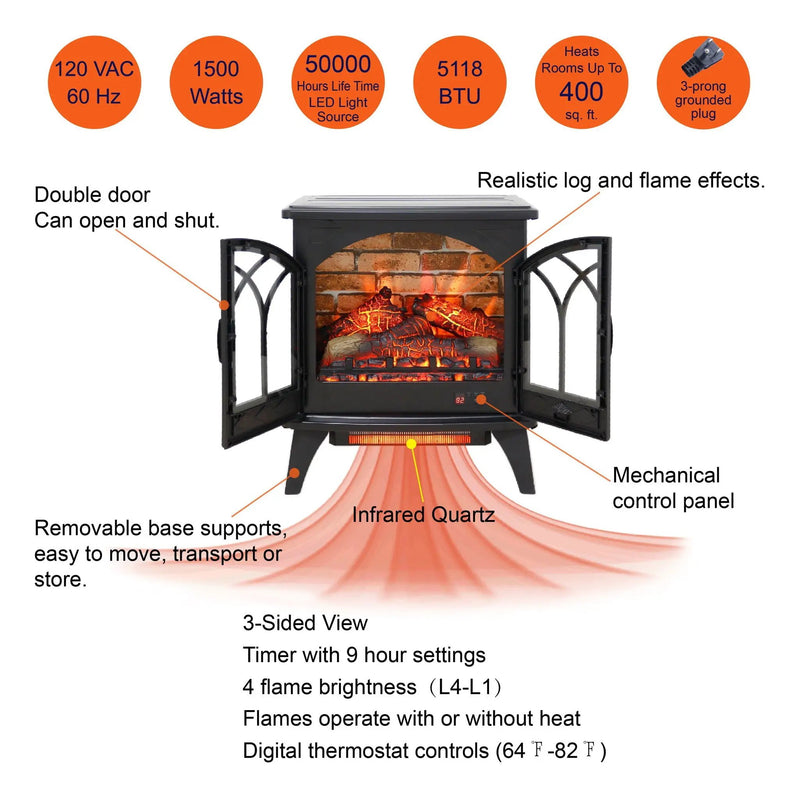 3D Flame Electric Infrared Quartz Fireplace Stove With Remote Control - Antique Black by HouseOfZazla
