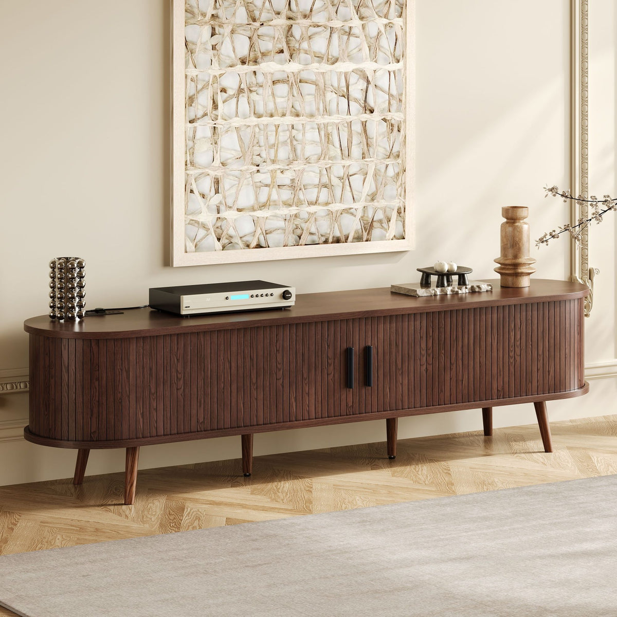 Mid-Century Modern TV Stand with Tambour Doors & Power Outlet - Natural Wood, photo 4 of 4