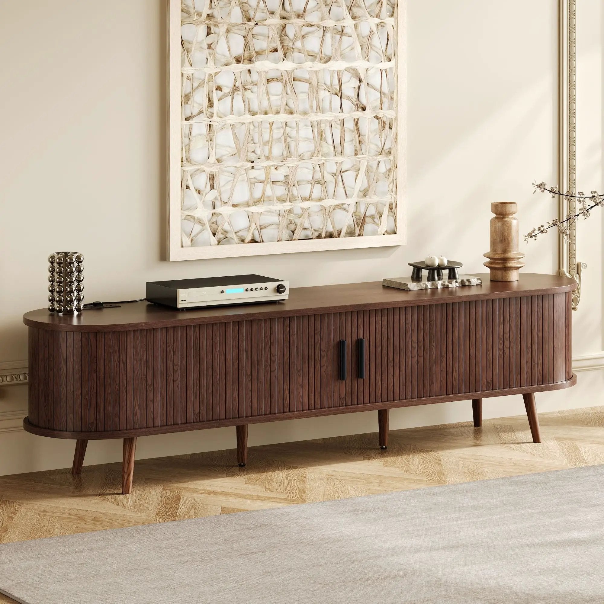 TV Stand For 70" TV, Console With Tambour Doors, Drawers And Built In Power Outlet - Dark Brown by Unique Piece Furniture