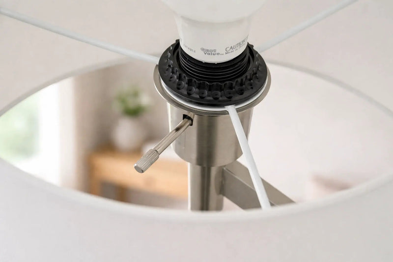 Horizon - Table Lamp With On / Off Switch Curved Base Linen Shade - Brushed Nickel / Silver / White by Unique Piece Furniture