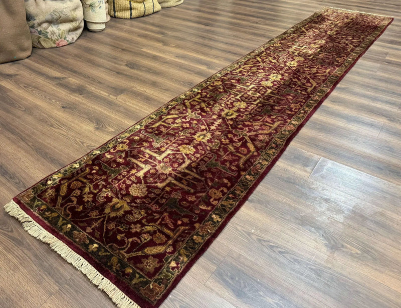 Indo Persian Runner Rug 2.7 x 13.8, Maroon, Wool, Handmade Indian Rug for Hallway by Jewel Rugs