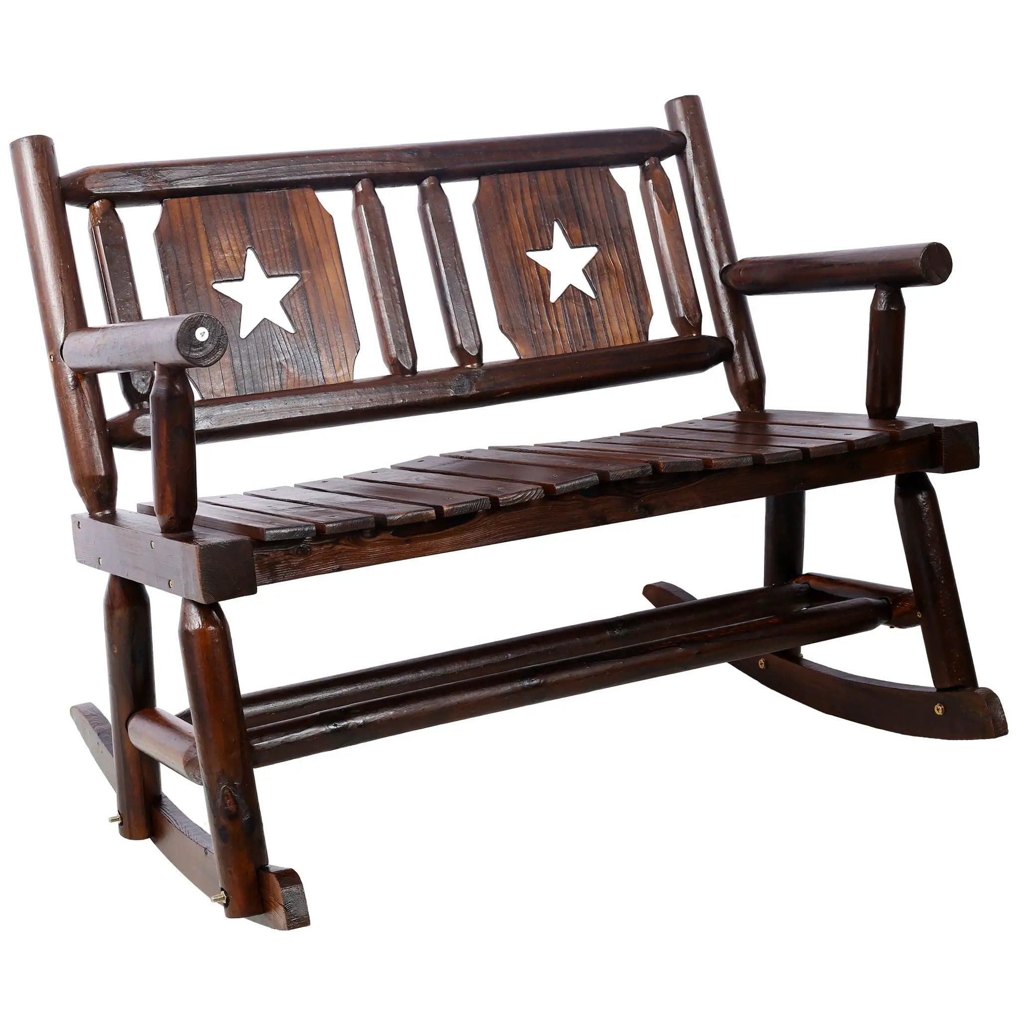 Rustic Outdoor Wood Rocking Bench Double Rocking Chair For 2 Persons With Curved Seat, Porch Rocker - Brown by Unique Piece Furniture