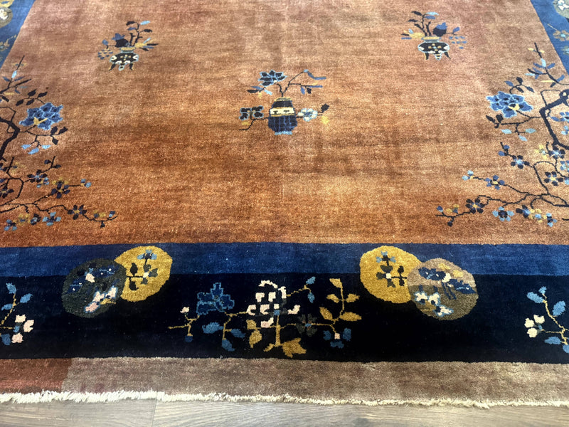 Antique Chinese Wool Rug 9x12, Light Brown and Navy Blue, Fete Peking Art Deco by Jewel Rugs