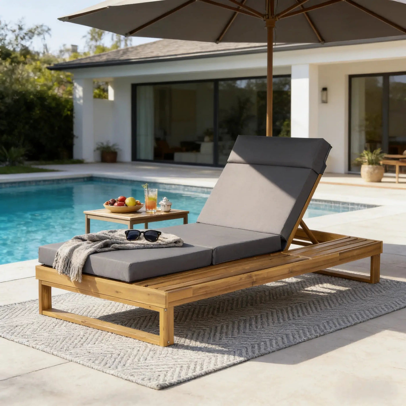 Teak Finish Acacia Wood Chaise Lounge with 4-Inch Cushion by HouseOfZazla