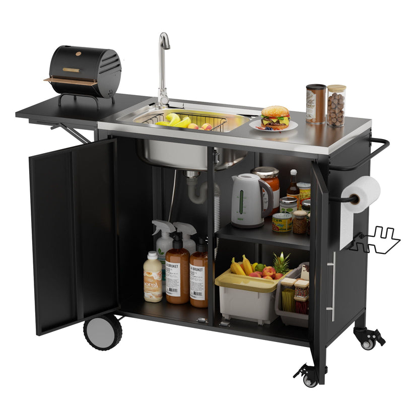 Outdoor Grill Table With Sink, Worktable Kitchen Cabinet Island With Wheels & Foldable Top - Black by HouseOfZazla