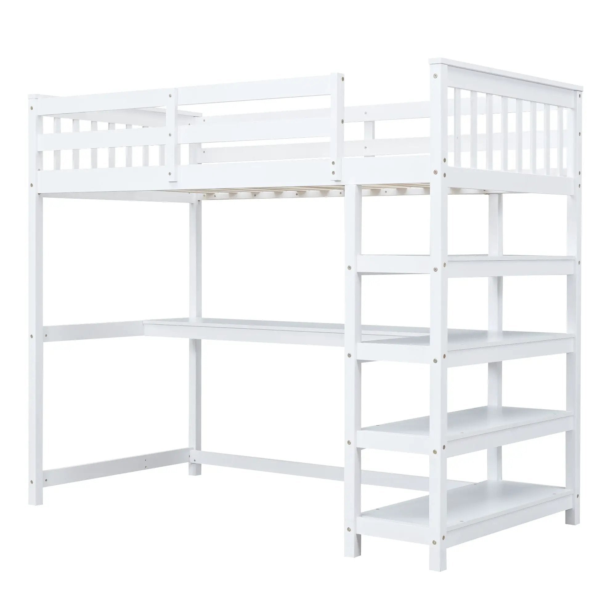 Loft Bed With Storage Shelves And Under Bed Desk