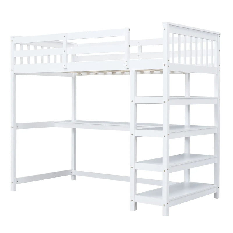 Loft Bed With Storage Shelves And Under Bed Desk