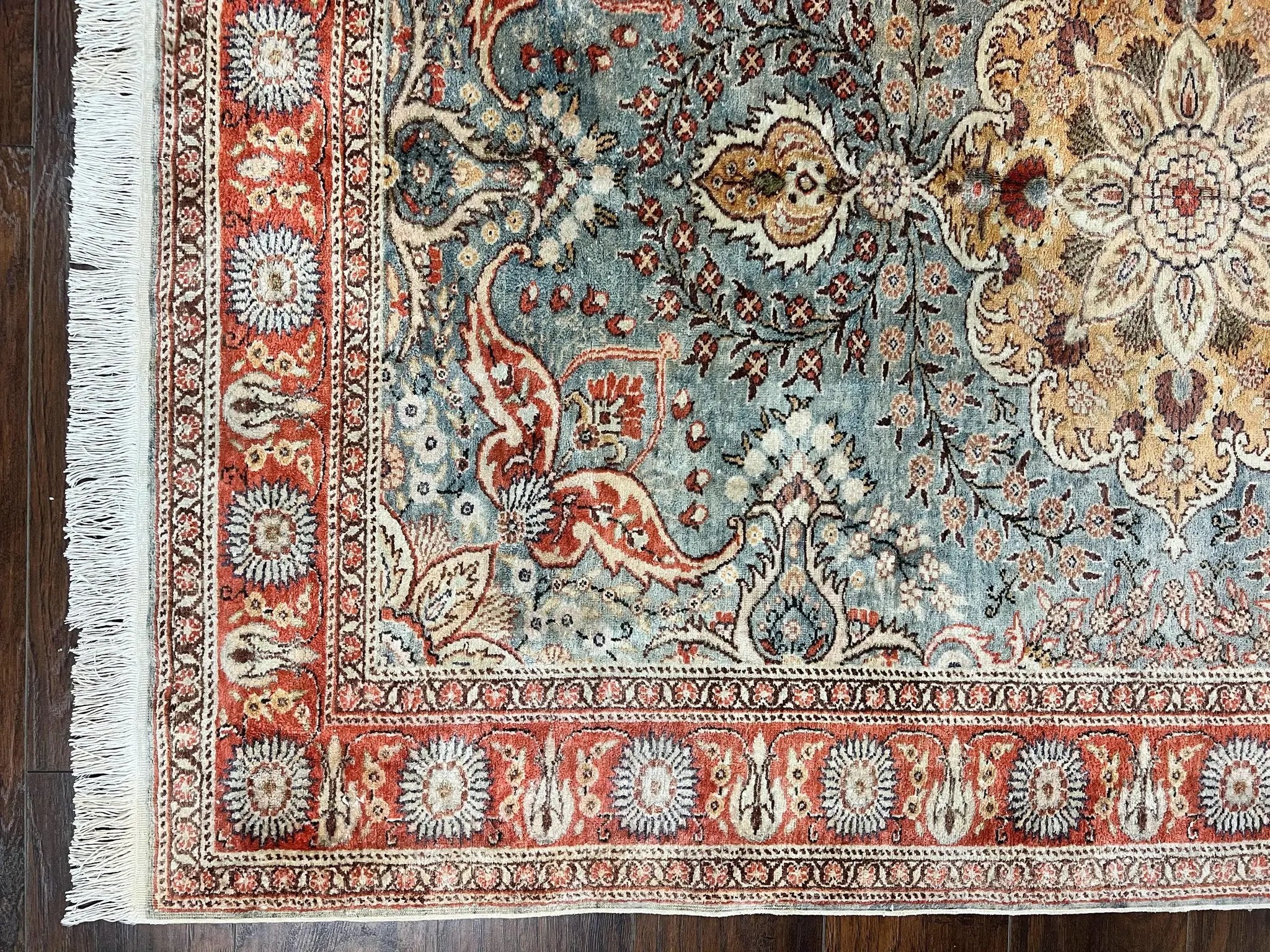 Silk Turkish Rug 5x7, Light Blue Silk Carpet, Floral Medallion, Turkish Kayseri Rug, Vintage Handmade Oriental Rug by Jewel Rugs