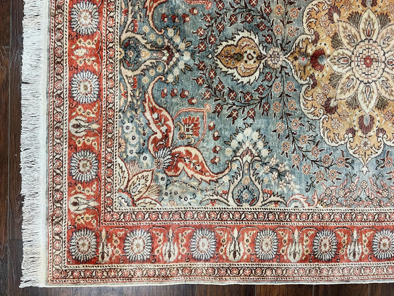 Silk Turkish Rug 5x7, Light Blue Silk Carpet, Floral Medallion, Turkish Kayseri Rug, Vintage Handmade Oriental Rug by Jewel Rugs