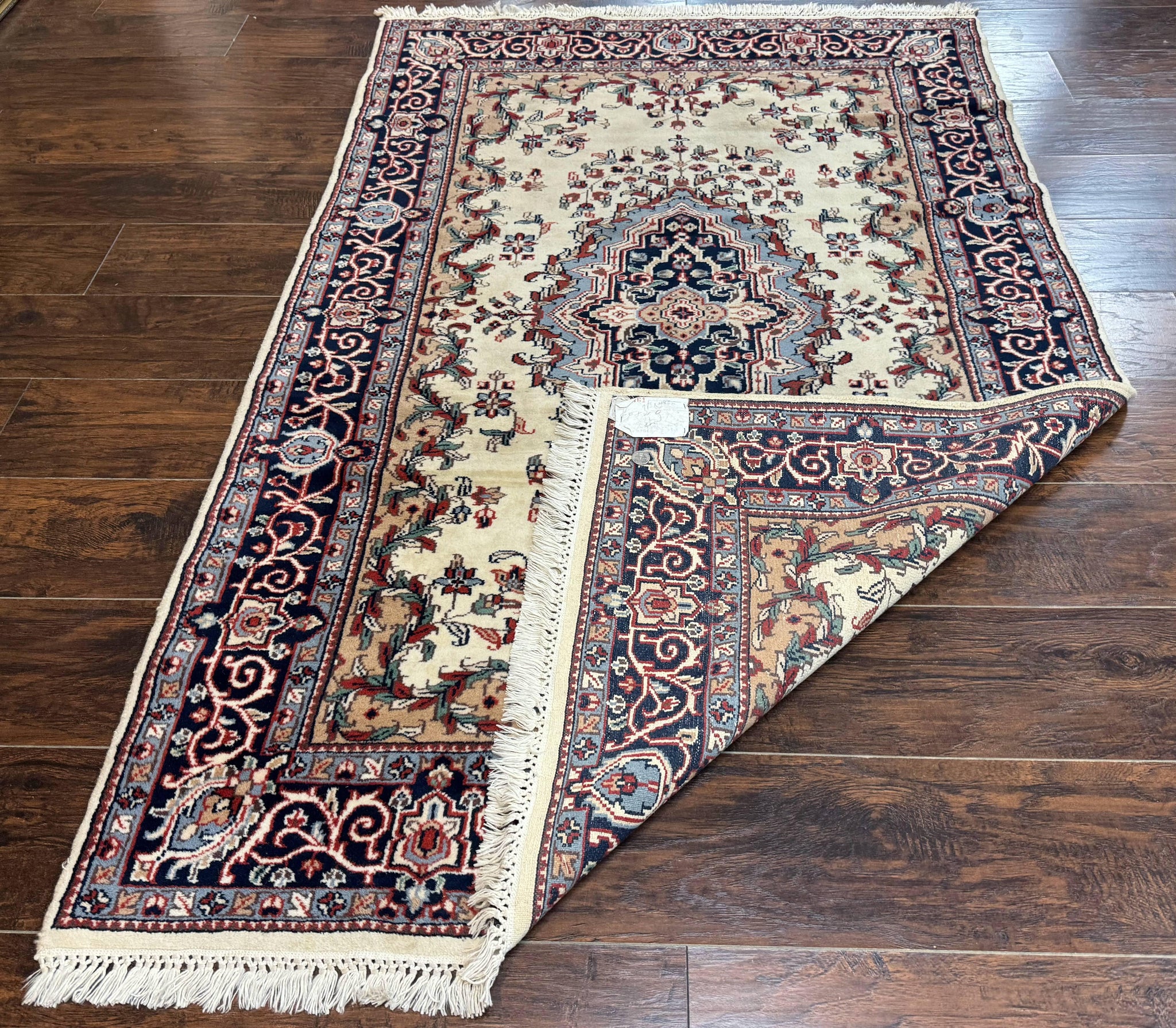 Indian Kashmiri Rug 4x6, Ivory Beige Navy Blue, Traditional Indo Persian Rug by Jewel Rugs