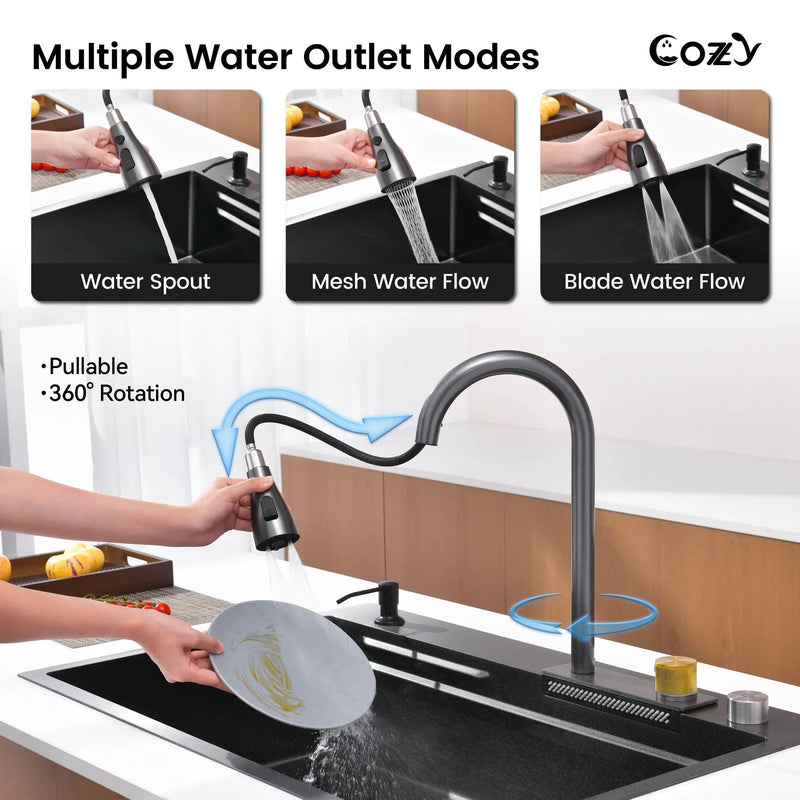Waterfall Kitchen Sink, Stainless Steel Single Bowl by HouseOfZazla