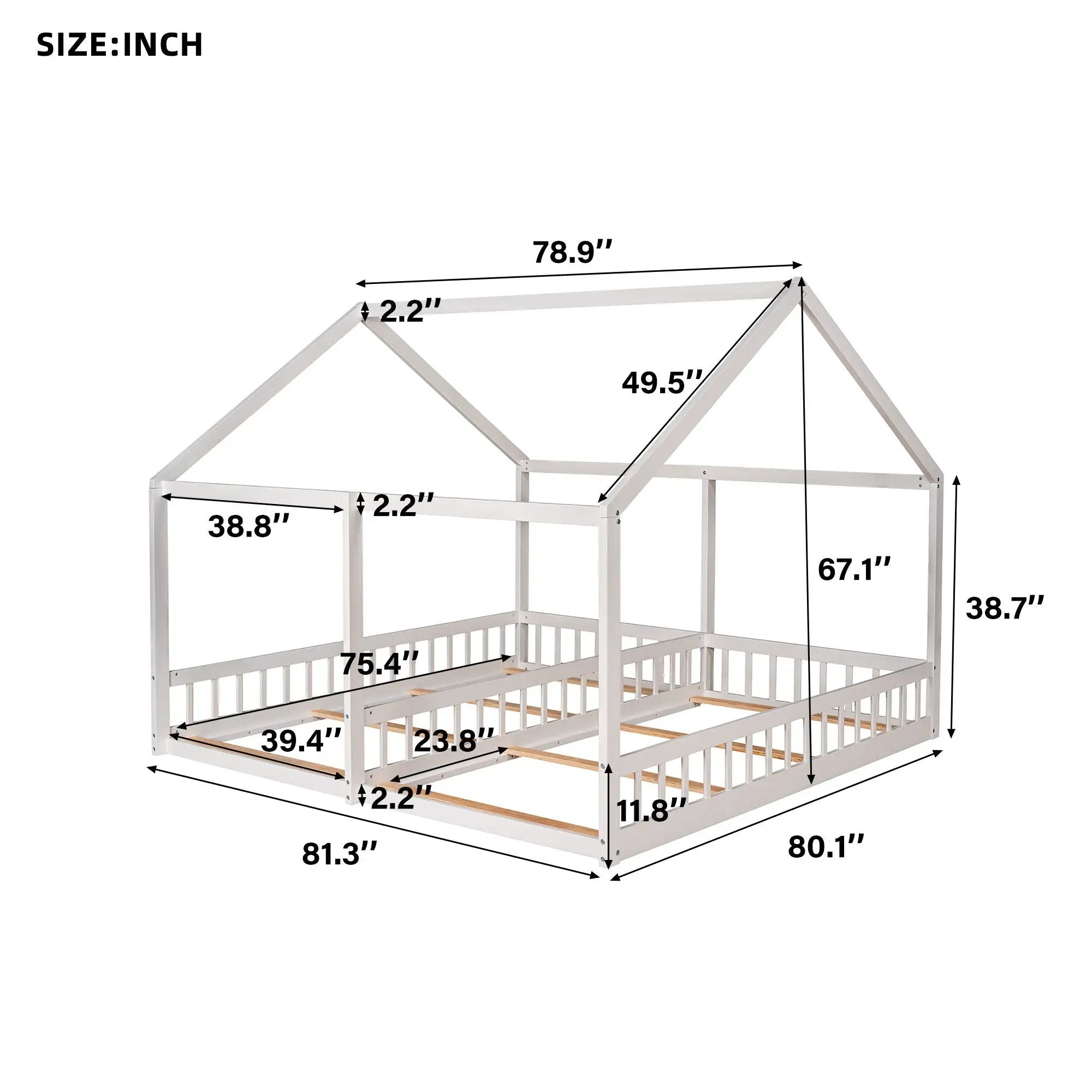 House Platform Beds, 2 Shared Beds, Metal Frame With Guardrails by Unique Piece Furniture