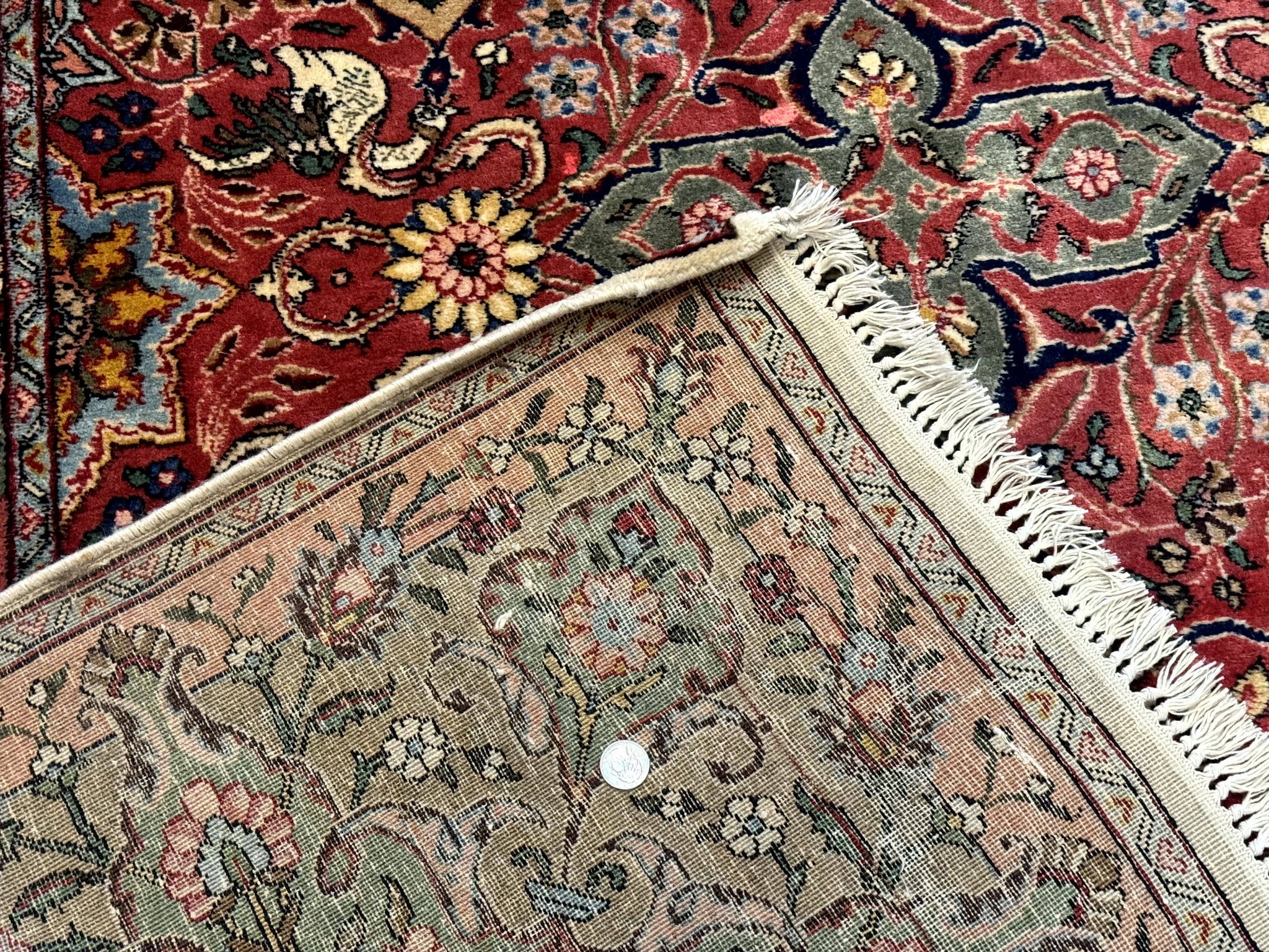 Antique Tabriz Persian Rug 7x10, Red Cream Tan, Unique Design, Fine 270 KPSI, Birds, Floral by Jewel Rugs
