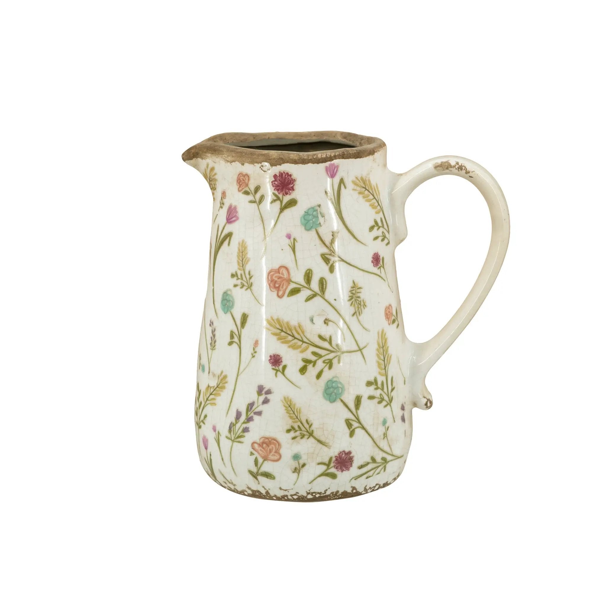 6.3x4.5x7.1' Round Ceramic Pitcher Vase with Multi-Colored Floral Motifs by HouseOfZazla