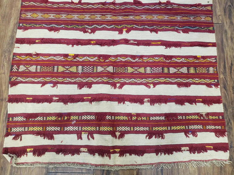 Antique Turkoman Yamud Rug 3x5 ft, 1920s Turkmen Sofreh Table Cover, Bohemian Rug, Tribal Collectible, Striped Rug, Handmade Ivory and Red by Jewel Rugs