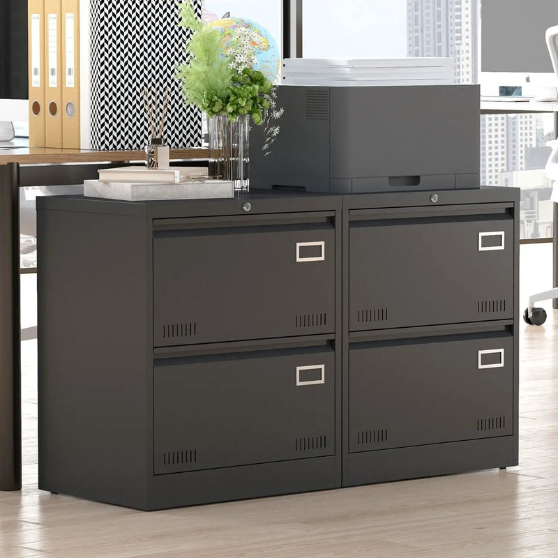 2 Drawer Metal Lateral File Cabinet With Lock, Office Vertical Files Cabinet For Home Office, Locking Metal File Cabinet - Black by Unique Piece Furniture
