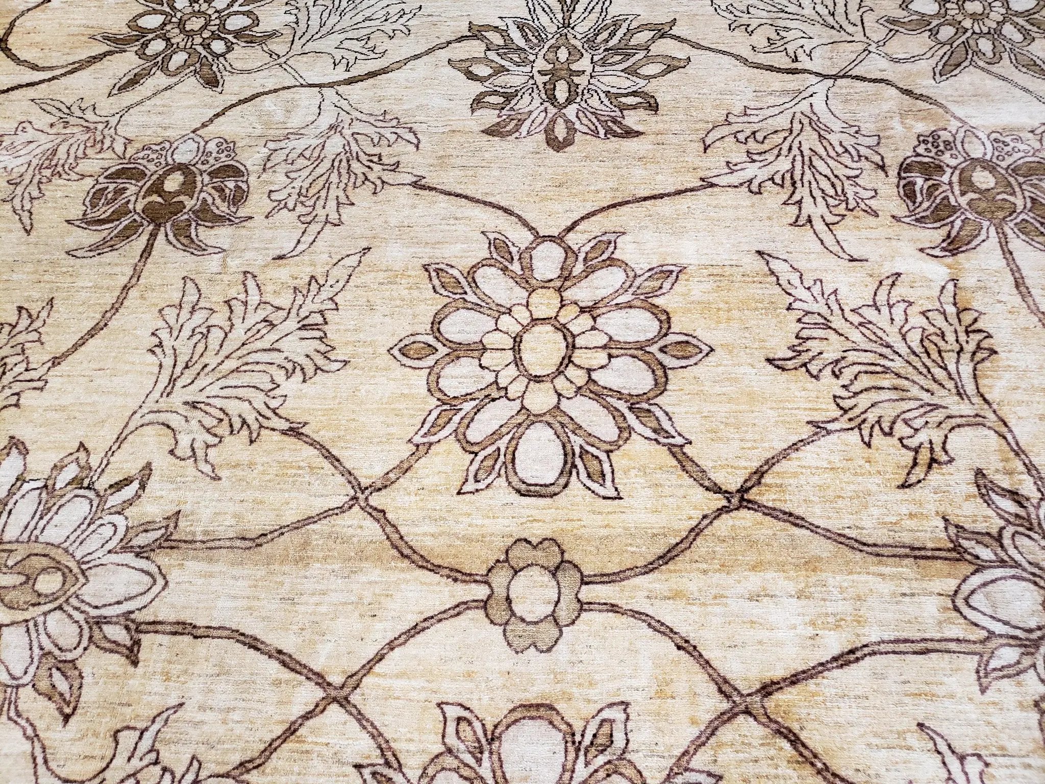Oversized Peshawar Chobi Oushak Area Rug 11.6 x 12.5, Wool Hand-Knotted Light Gold & Ivory Decorative Pakistani Floral Carpet, 11x12 - 12x13 by Jewel Rugs