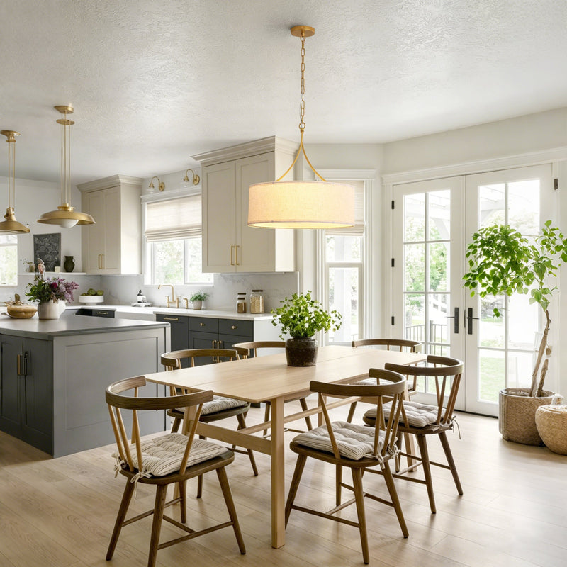 3-Light Gold Fabric Drum Pendant Light by HouseOfZazla