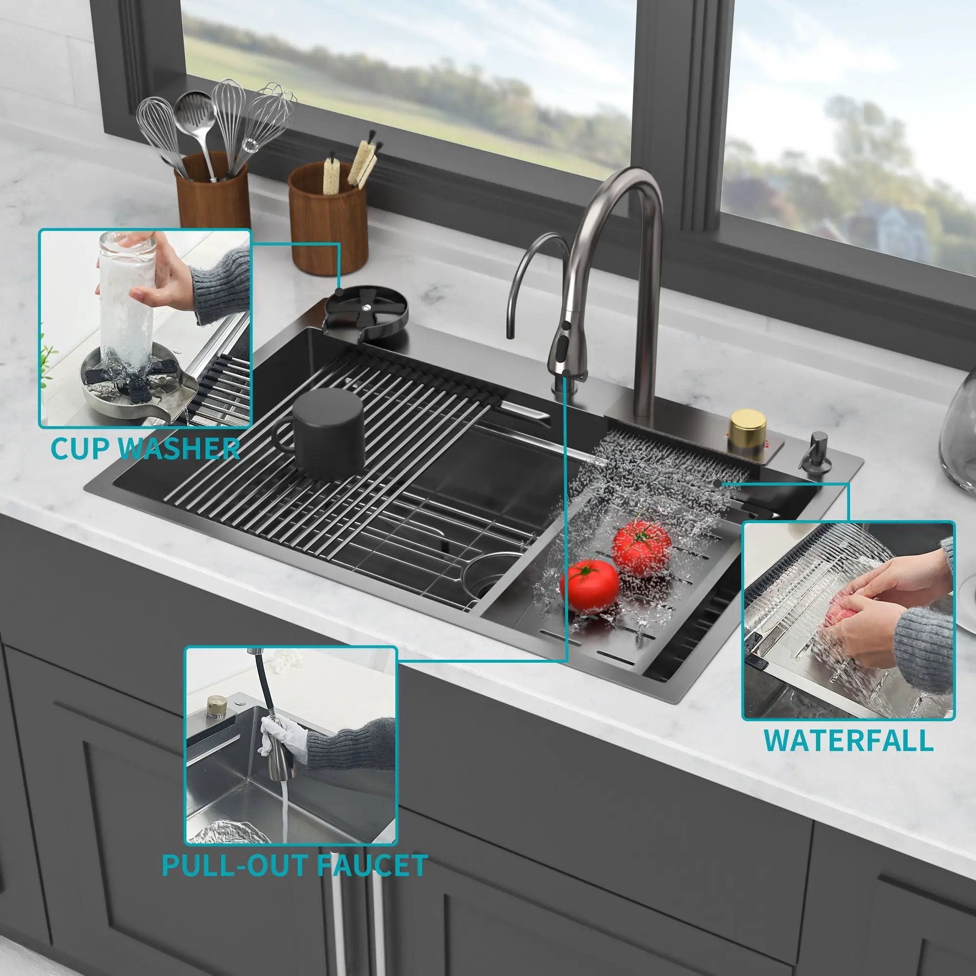 Waterfall Kitchen Sink With Pull Out Faucet & Cup Washer by HouseOfZazla