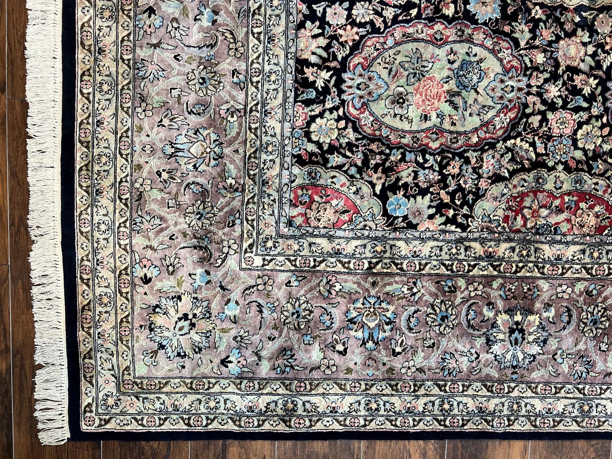 Sino Persian Rug 9x12, Navy Blue and Pink Hand Knotted Wool and Silk Highlights Vintage Oriental Carpet, Handmade Floral Area Rug 9 x 12 ft by Jewel Rugs