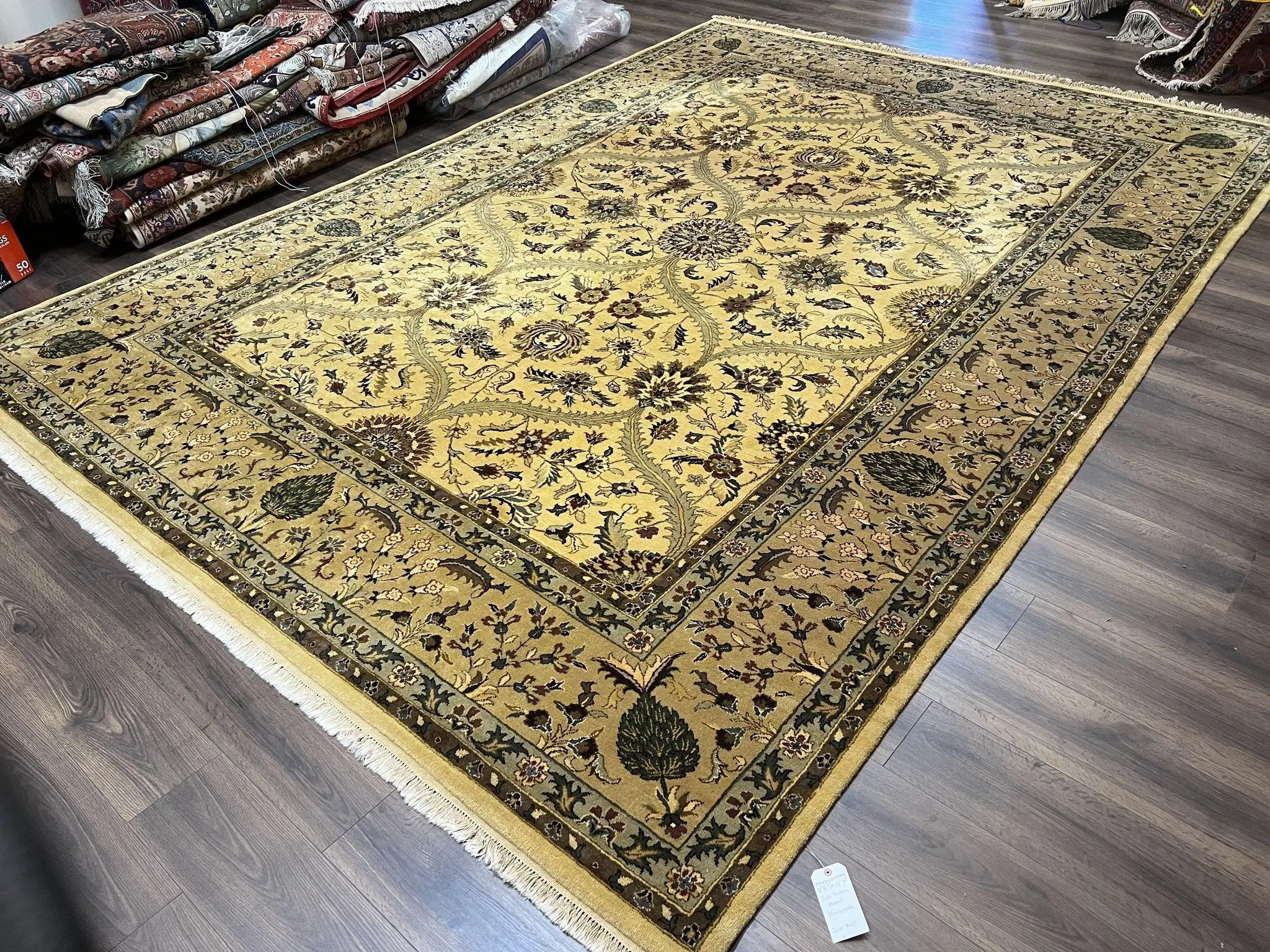 Indo Persian Mahal Rug 10x14, Wool Hand Knotted Oriental Carpet, Cream Floral Allover, Vintage Area Rug 10 x 14, Traditional Rug, Handmade by Jewel Rugs