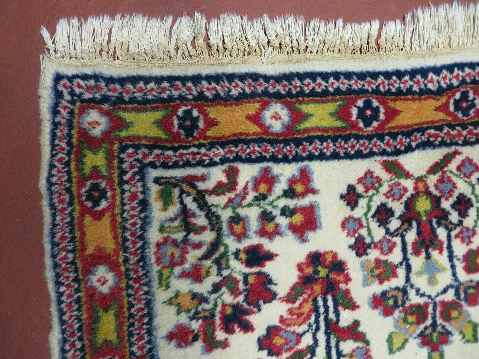 Small Persian Rug 2 x 3, Tiny Persian Sarouk Carpet, Cream Navy Blue Red, Floral Medallion, Vintage Wool Rug, Handmade Hand-Knotted Oriental Rug by Jewel Rugs