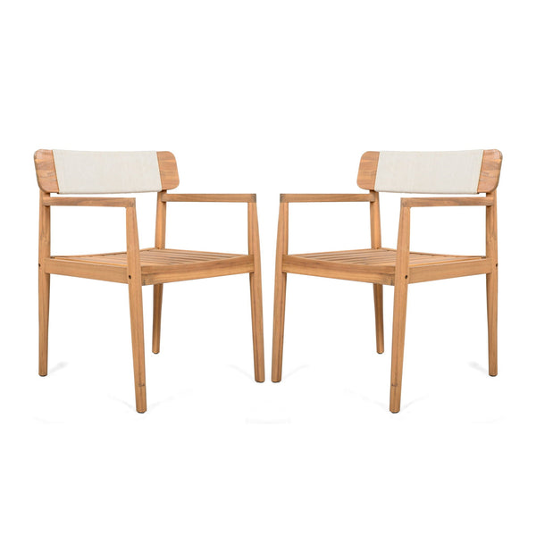 Creative Braided Acacia Wood Outdoor Dining Chairs with Armrests (Set of 2) - Teak / White