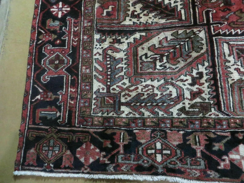 Persian Heriz Rug 8x12 Semi Antique Heriz Carpet, Room Sized Persian Carpet, Geometric Medallion, Wool, Hand Knotted, Red Ivory Dark Blue by Jewel Rugs
