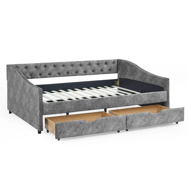 Upholstered Tufted Daybed With Drawers, Waved Arms by Unique Piece Furniture