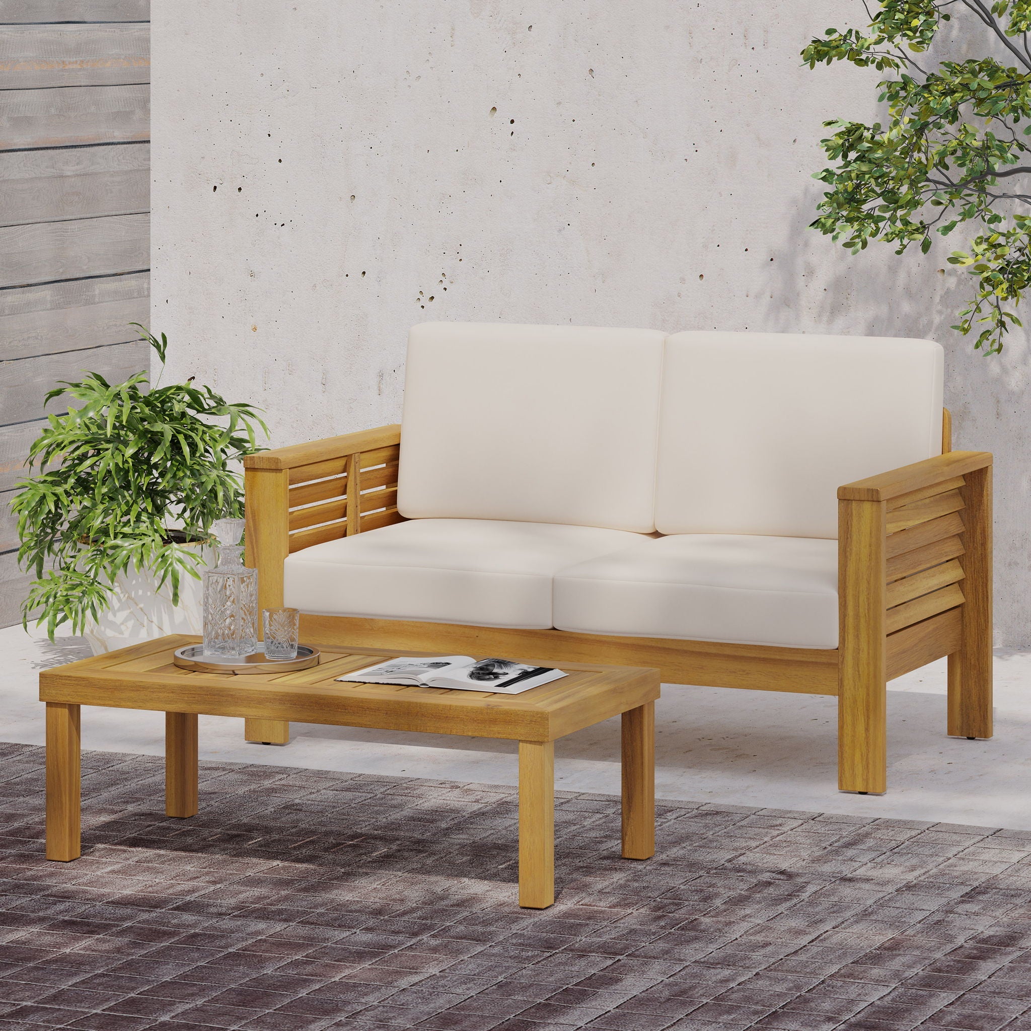 Acacia Wood Loveseat And Coffee Table Set With Cushions by HouseOfZazla