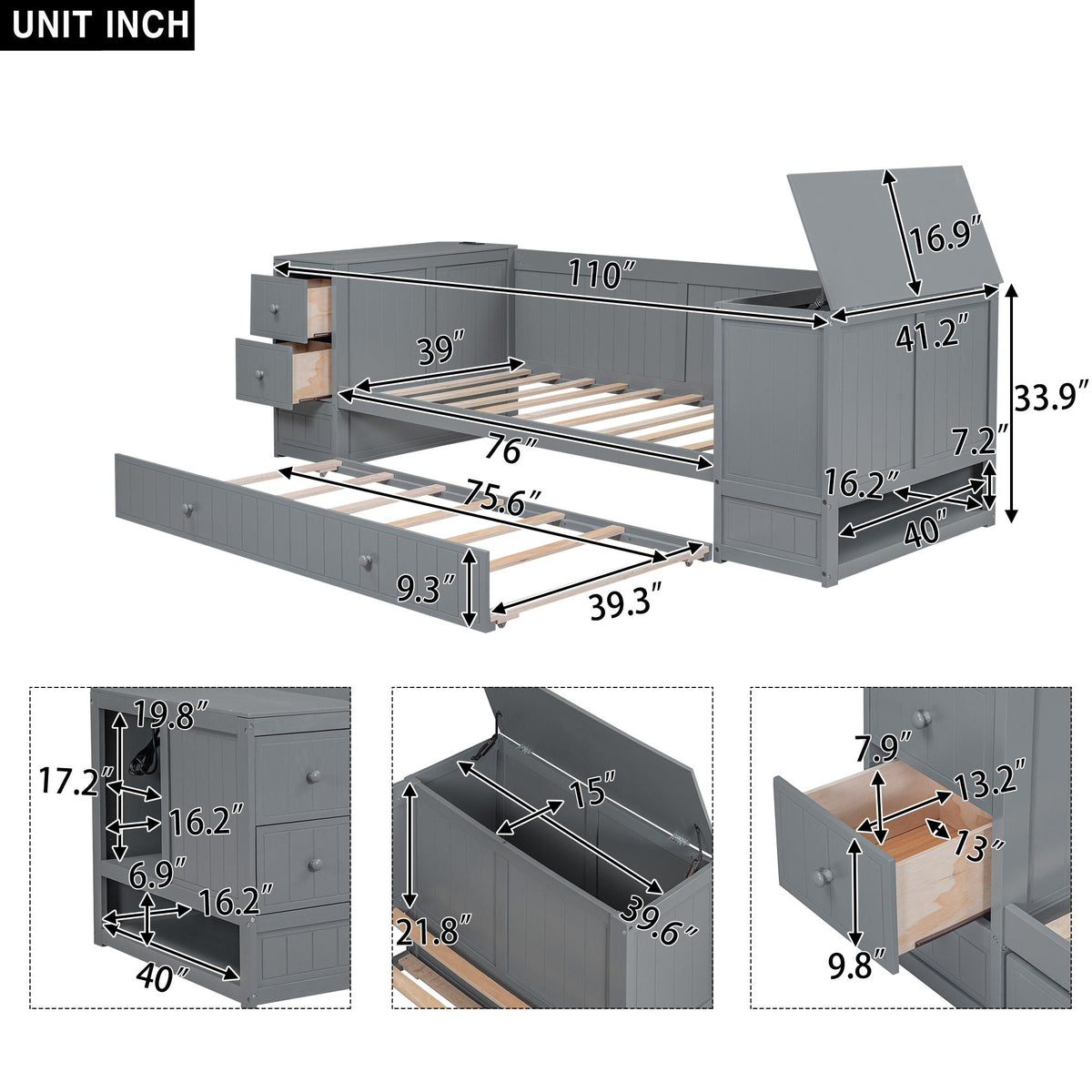 Daybed With Storage Arms and Charging Station - Twin Trundle Bed, photo 37 of 39