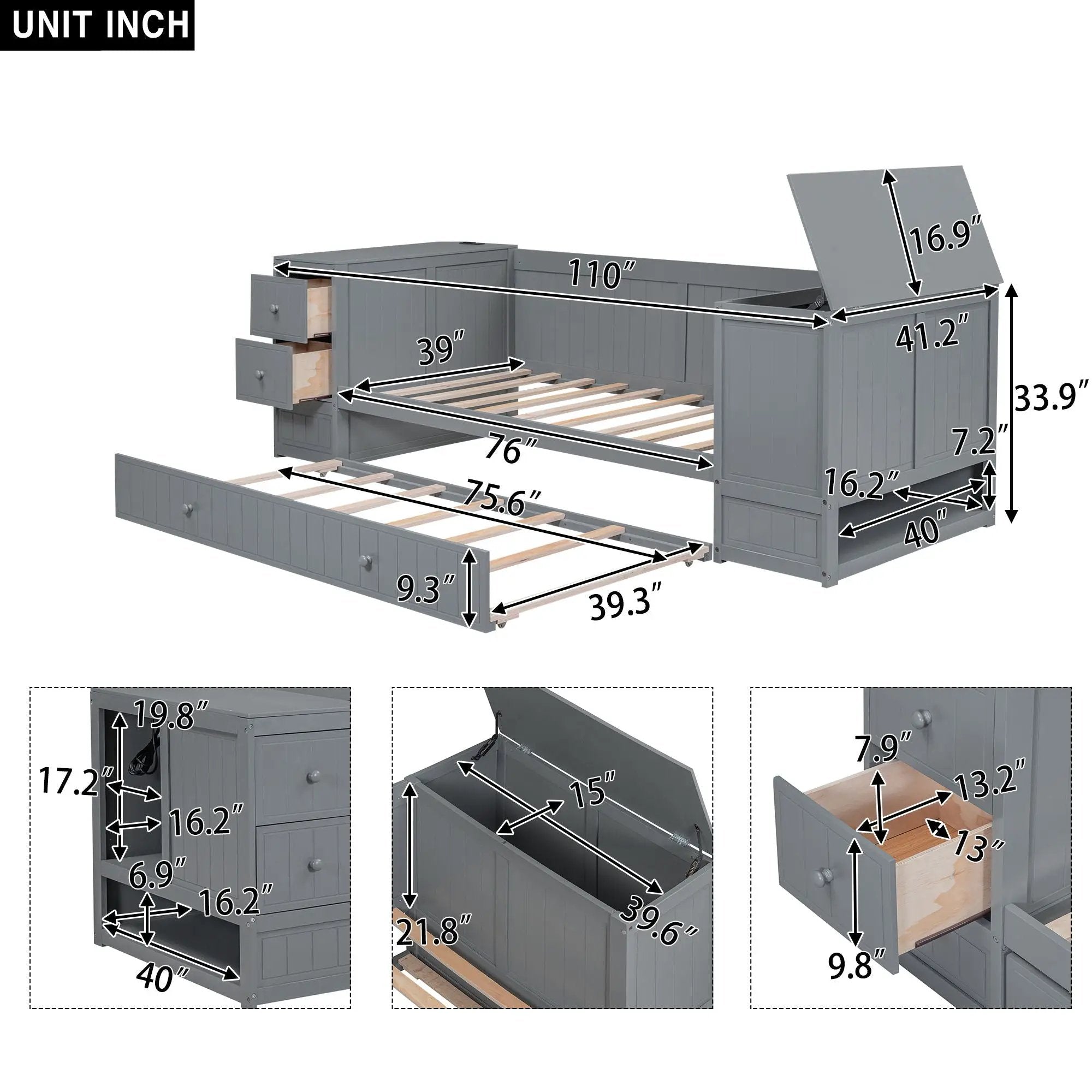 Daybed With Storage Arms, Trundle And Charging Station