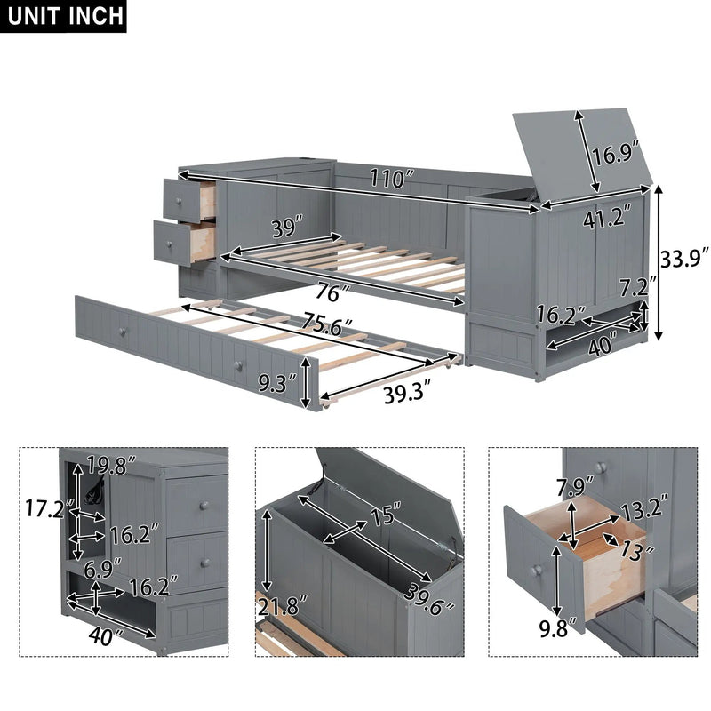 Daybed With Storage Arms, Trundle And Charging Station