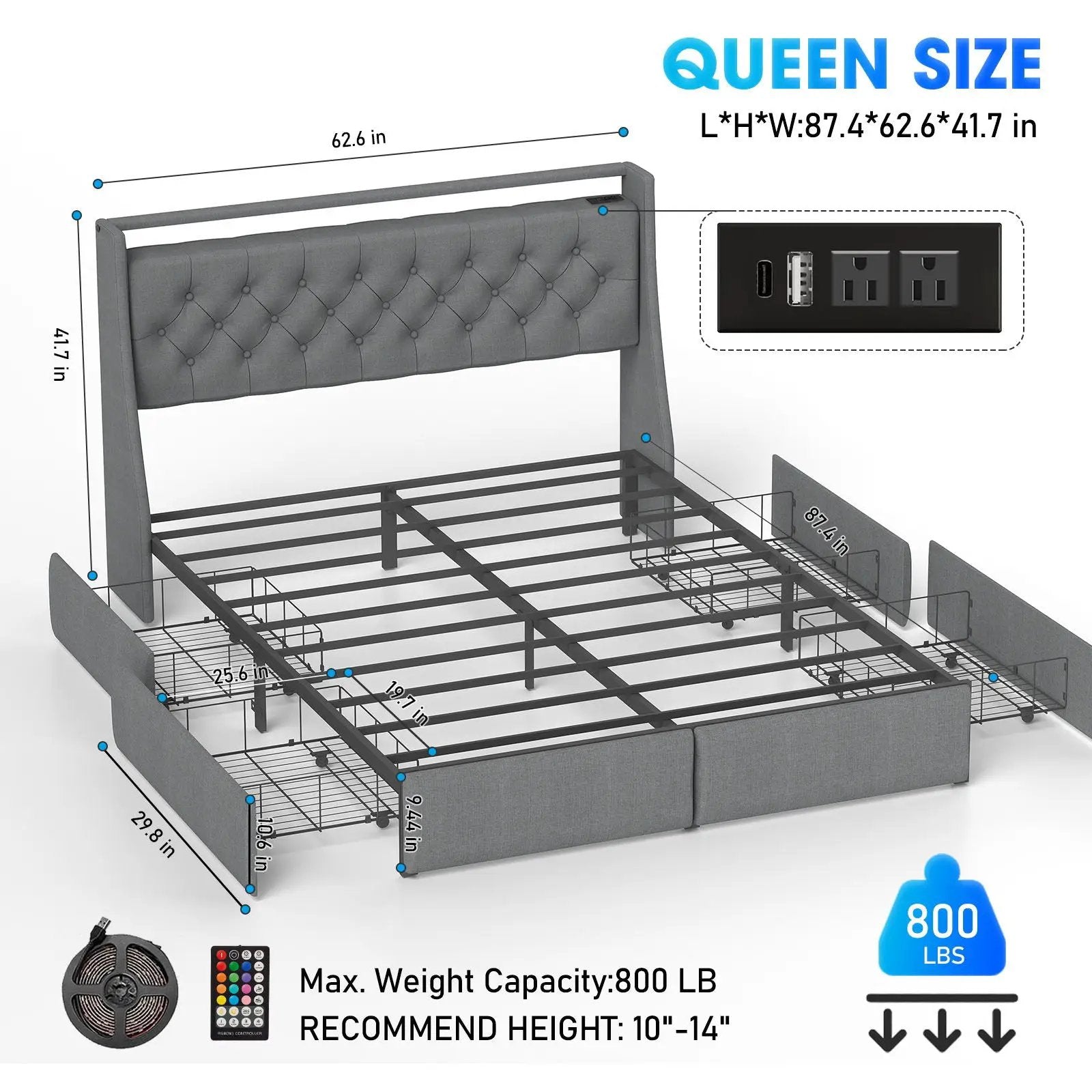 Queen Platform Bed Frame With RGB LED & Charging Station, Storage Headboard by HouseOfZazla
