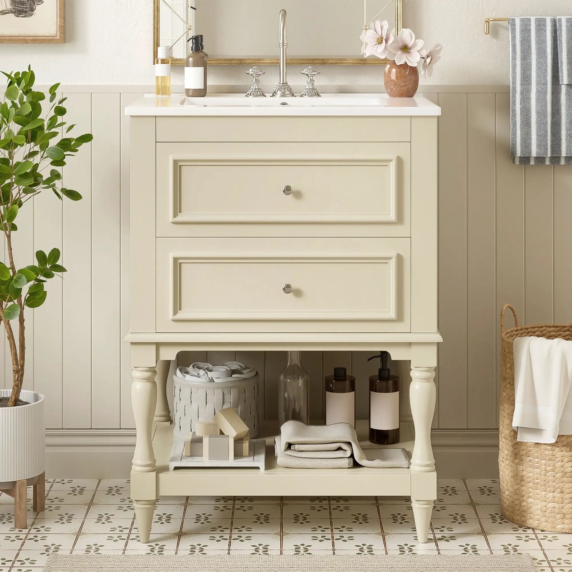 Bathroom Vanity With Sink, 2 Drawers Storage Cabinet, Open Shelf by Unique Piece Furniture