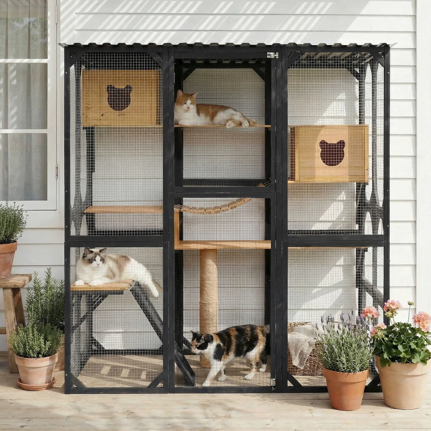Outdoor Cat Enclosure With Sleeping Houses, Jumping Platforms, Scratching Post by HouseOfZazla