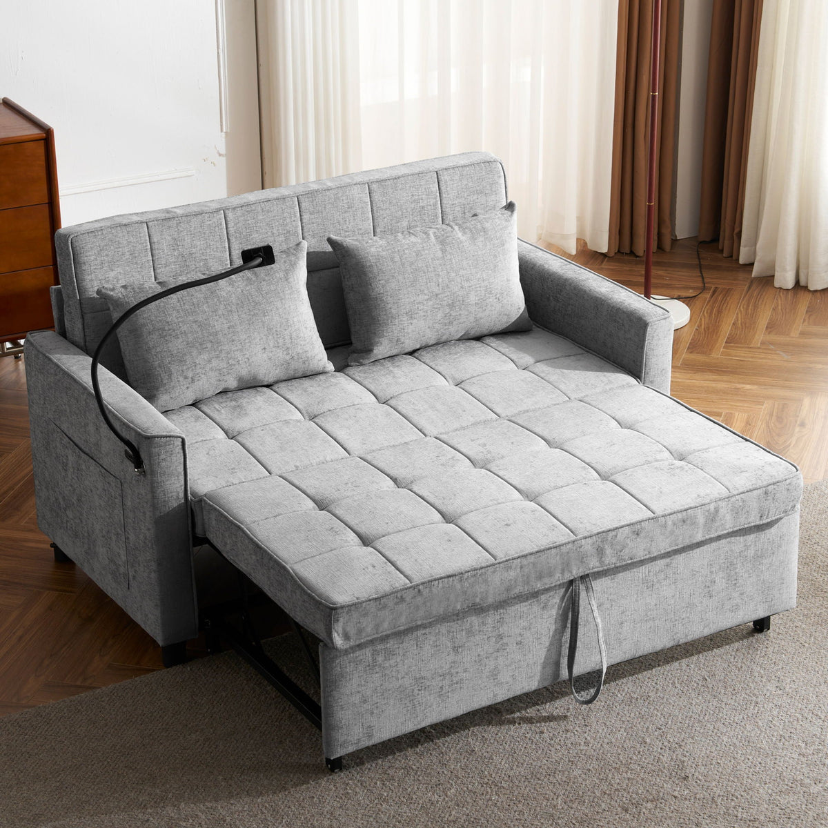 Pull-Out Sleeper Sofa With Reversible Backrest Cushion, Side Pockets, 2 USB Ports And A Phone Holder For Living Room, photo 25 of 25