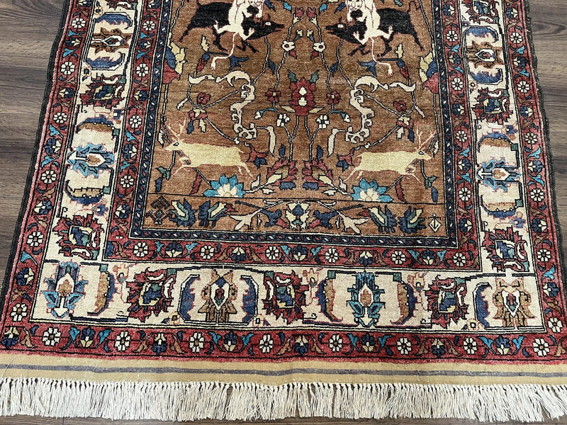 Unique Afghan Silk Rug 4x6, Hunting Pattern Animal Motifs, Light Brown and Cream, Persian Handwritten Poetry, Fine 1940s Oriental Carpet Wow by Jewel Rugs