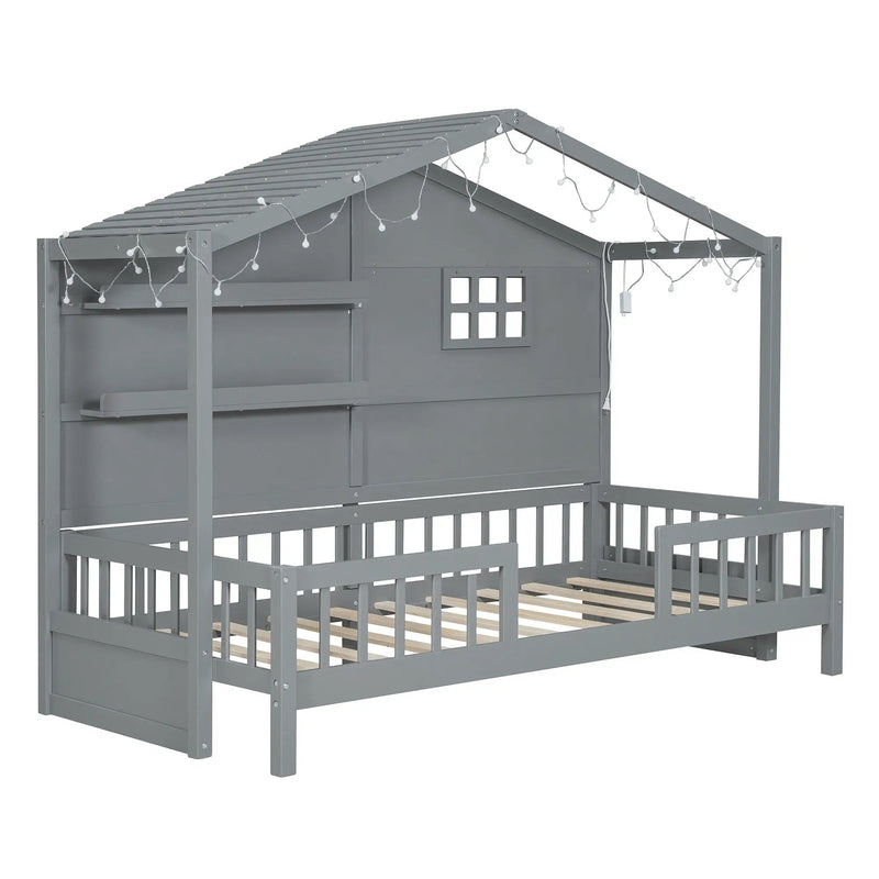 House Bed With Shelves, Window And Sparkling Light Strip On The Roof by HouseOfZazla