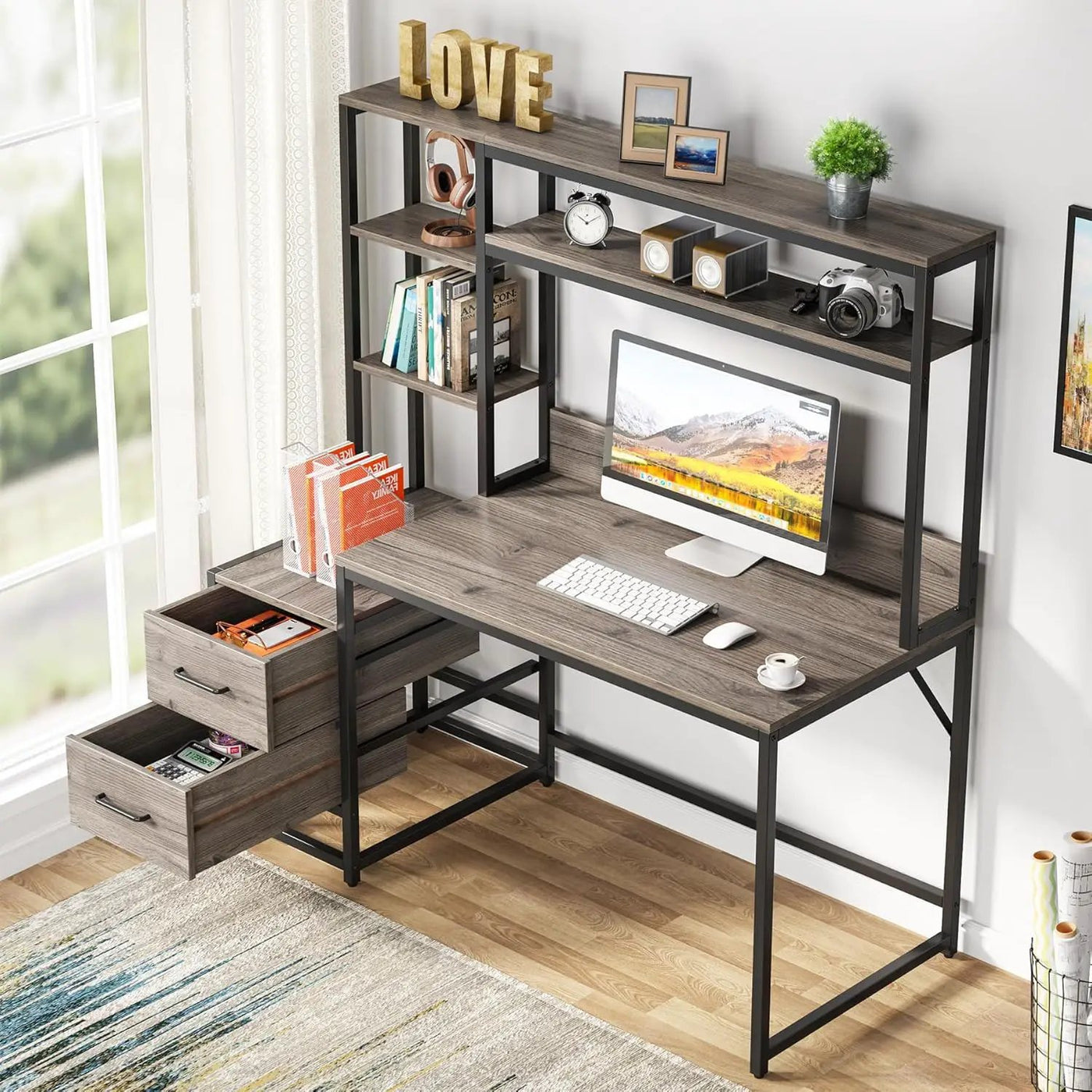 Computer Desk With Hutch, 2 Drawers & Open Shelves by HouseOfZazla
