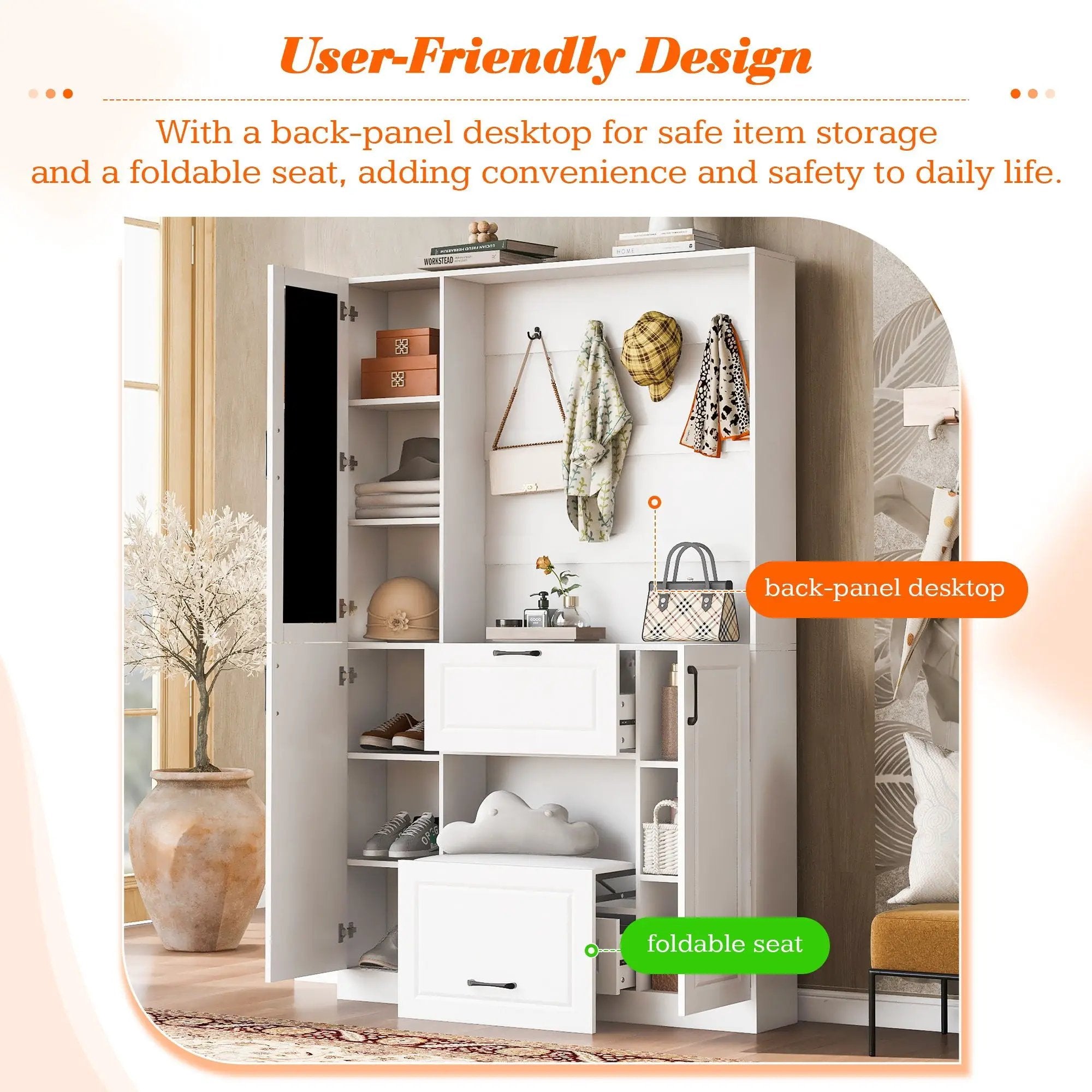 Entryway Bench With Integrated Shoe Cabinet, 3 In 1 Design And Mirrored Cabinet Door, Hall Tree With 4 Sturdy Hooks And Foldable Seat For Entrance, Living Room - White by HouseOfZazla