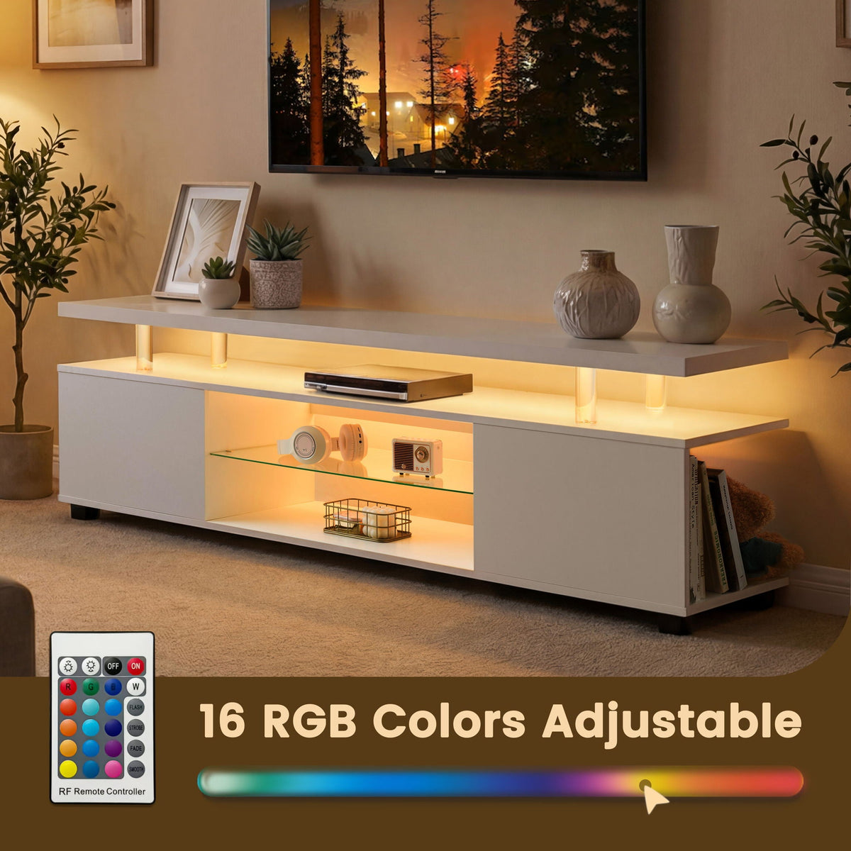 TV Stand with LED and Large Side Cabinet - White, Black, or Gray, photo 22 of 22