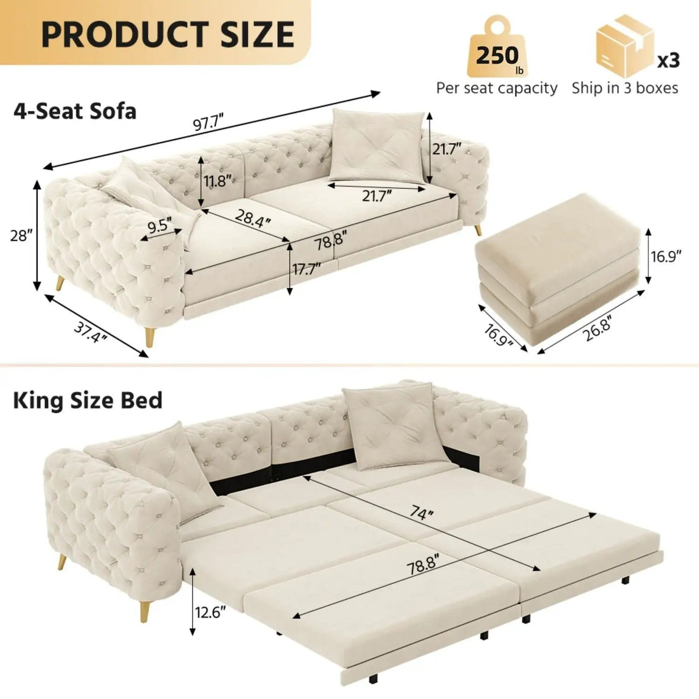 3 In 1 Convertible Sleeper, Deep Seat Pull Out Sofa Bed, Button Tufted by HouseOfZazla